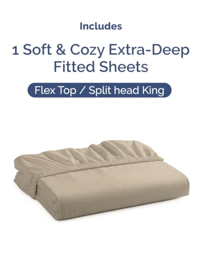 Image of Extra Deep Flex Top Split Head King Fitted Sheet - Hotel Luxury Single Fitted Sheet Only - Easily Fits 18 inch to 24 inch Mattress - Ultra Soft, Wrinkle Free w /Extra Deep Pockets - Heathered Beige