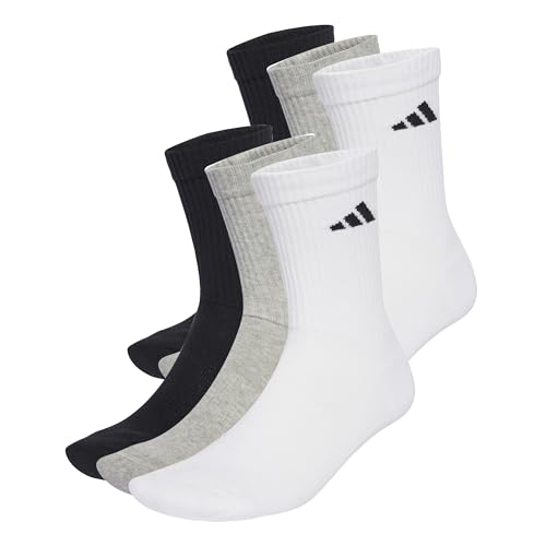 adidas Unisex CUSHIONED CREW SOCKS 6 PAIR PACK, White/Medium Grey Heather/Black, 6-7 Years