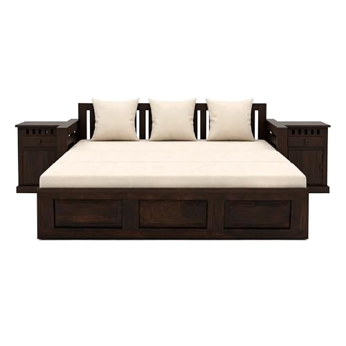 Image of SONA ART & CRAFTS Regal Sheesham Wood 3 Seater Sofa Cum Bed with Bedside | Wooden 3 Seater Sofa for Living Room Wooden Furniture Sofa Bed for Home (Walnut Finish)