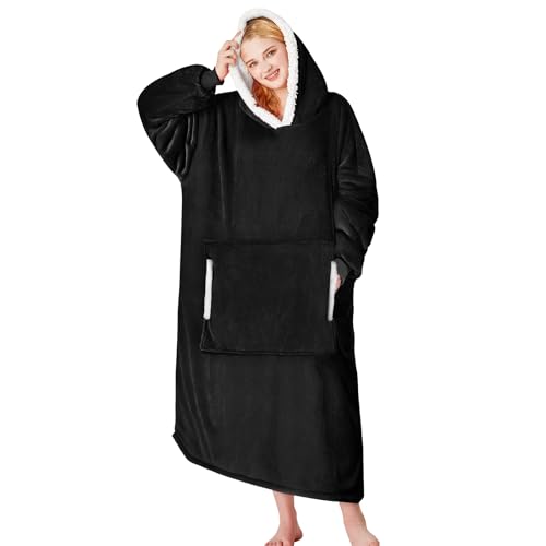 yescool Wearable Blanket Hoodie - Gifts for Women Her Girlfriend Birthday Gifts For Mom Oversized Flannel Sherpa Blanket Sweatshirt One Size Fits All (Black)