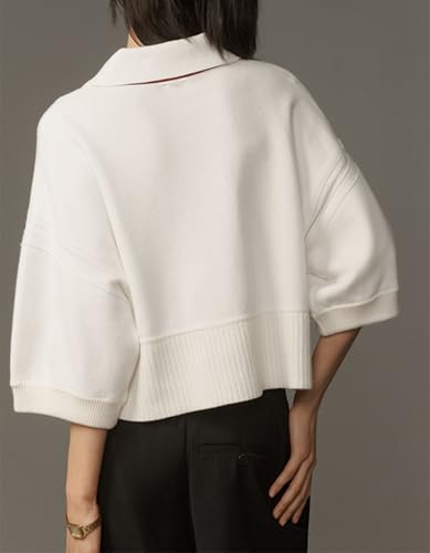 Women’s 3/4 Sleeve V Neck Cropped Sweater Oversized Color Block Lapel Collared Pullover Fall Knitted Causal Sweater2