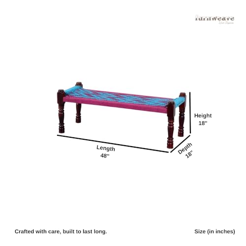 Image of Wooden Bench for Seating | Handcrafted Sheesham Wood Bench for Living Room, Balcony & Garden | Traditional Patio for Outdoor with Cotton Handwoven Rope | Pink and Light Blue