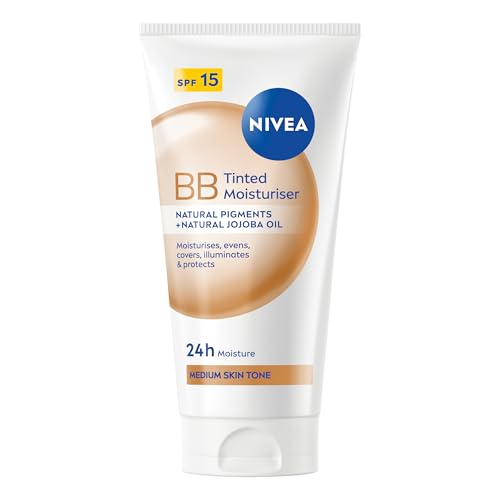NIVEA BB Tinted Moisturiser SPF 15 Medium (50ml) 24 Hour Moisturising BB Cream with Jojoba Oil Covers Imperfections and Evens Skin Tone For Medium Skin Tones