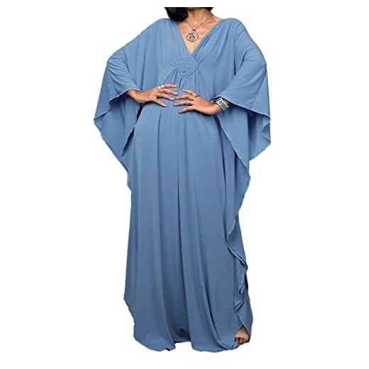 JFAN Robe de Plage Caftan Kaftan Femme avec Col V Kaftan Maxi Bohème Longue Grande Taille Cache Maillot de Bain Plage Caftan(Bleu,Taille Unique)
