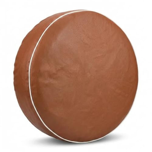 Image of Brown Spare Tire Cover with White Trim 13 Inch-Thick Waterproof PVC,Fits 155 /80R13 185 /70R13 Tires,UV Resistant for RV SUV Trailer Camper Boat Trailer,Snug Fit Elasticized Back Hem
