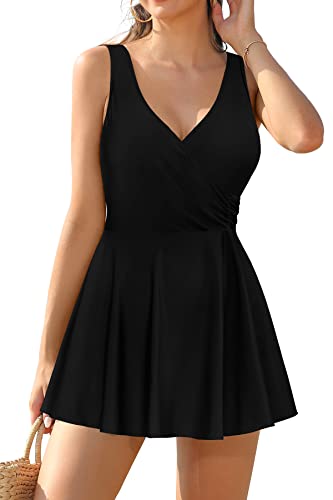 Image of SHEKINI One Piece V Neck Skirt for Women Modest Tummy Control Swimdress Bathing Suits Swimsuit