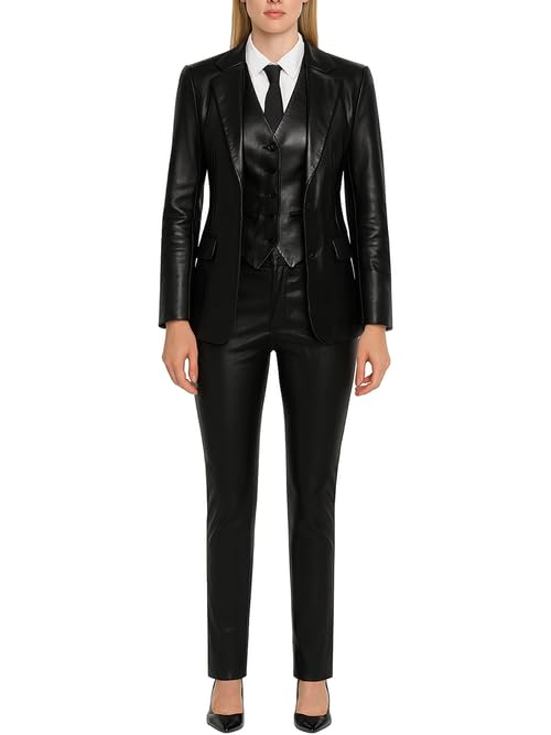 Anne Hathaway Black Idea of You Outfit 2024 Faux Leather Blazer Vest Pants 3-Piece Suit Set for Women
