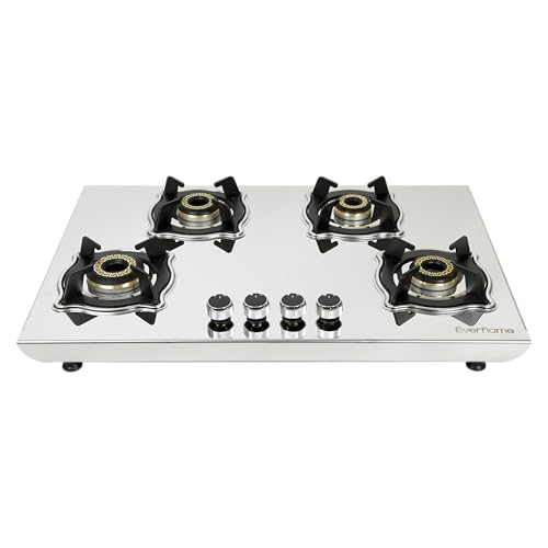 Everflame Marvel Gas Stove | 4 Burner Steel Stove | 6G Brass Burners | Manual Ignition | Italian SABAF Valve...