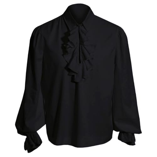 JIEFULL Mens Pirate Shirt Ruffle Puffy Colonial Frilly Steampunk Blouse Vampire Victorian Regency Medieval Renaissance Elizabethan Poet for Halloween Cosplay Costume(Black,XL)