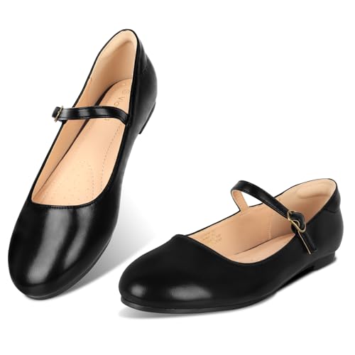 Womens Mary Jane Shoes Comfortable Strap Flats Dressy Casual Ballet Flats Shoes Floral Buckle Round Toe Black Flats Shoes for Women