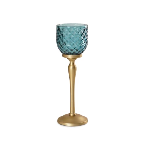 Image of Pure Home Teal Diamond Cut Hurricane - Small | Size: 9X9X21CM | Premium Hurricanes for Home Decor | Table Top & Shelf Decor Showpiece | Ideal for Diwali & Festive Gifting | Perfect for Living | Pack of 1