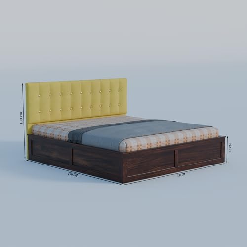 Image of Sheesham Wood King Size Bed with Storage Box | Upholstered Beds | Platform Cot with Cushioned Headboard | Double Bed for Home | Recommended Mattress 78x72 Inch | Mustard & Walnut Finish