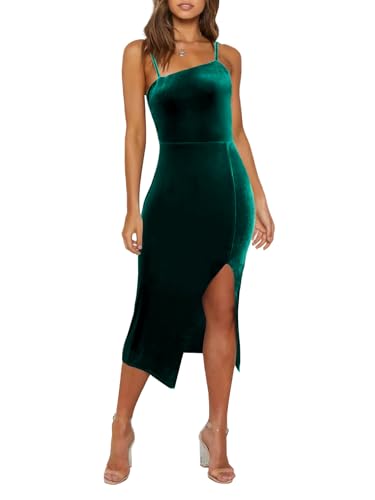 Image of OWIN Women's Adjustable Spaghetti Straps Sleeveless High Waist Split Midi Bodycon Cocktail Party Dress
