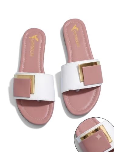Image of Women's Slide Sandals with Square Gold Buckle, White & Grey