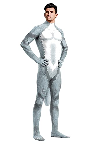 Image of Animal Full Bodysuit for Men Muscle Spandex Jumpsuit Furry Costume with Big Tail for Adult Cosplay Halloween Party