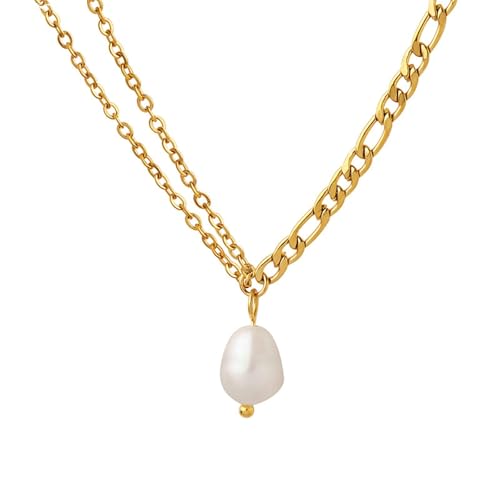 Collier double couche en or acier inoxydable pour femme avec pendentif perle chaîne 18 pouces