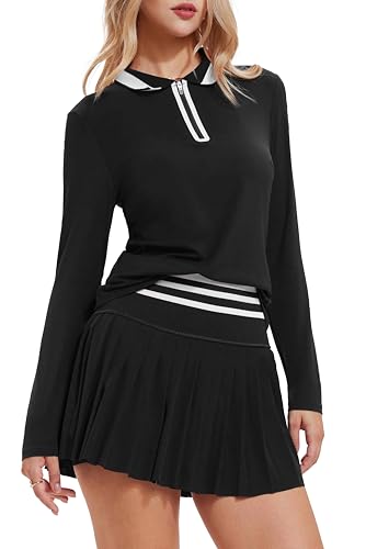 Image of Tennis Skirt Sets for Women Zipper Color Block High Waisted Golf Polo Two Piece Skirt Set Women 2 Piece Outfits