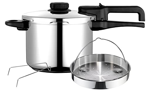 Fagor Dual Xpress Olla a Presión 6 Litros, Inducción, Express Super Rápida, Acero Inox. 18/10, Todo Tipo Cocinas, Fondo Termodifusor, Regulador de Presión, 5 Sistemas Seguridad, Incluye Cestillo