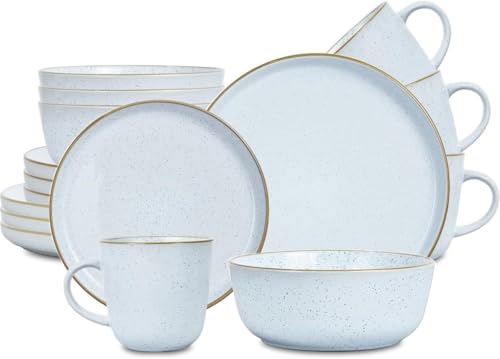 TAOCIGOU Vajilla para 4 personas, juego de vajilla de gres, 16 piezas, servicio de porcelana con plato de cena, platos de postre, cuencos de cereales, tazas de café, microondas y lavavajillas (blanco
