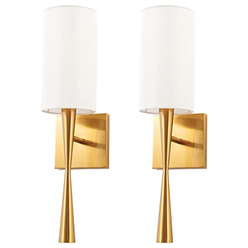 MhyTogn Modern Antique Brass Brush Paint Finish Wall Sconce Set of 2, with Creamy-White Fabric Straight Shade for Vanity Stairway Fireplace Kitchen Living Room Bedside