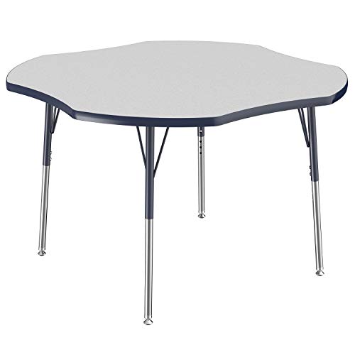 Image of FDP Clover Activity School and Office Table (48 x 48 inch), Standard Legs with Swivel Glides for Collaborative Seating Environments, Adjustable Height 19-30 inches - Gray Top and Navy Edge