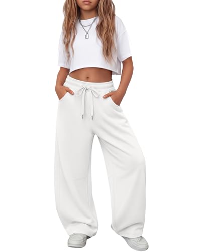 LessonZoo Girls Sweatpants 5-16y Baggy Barrel Pants Teen Wide Leg Open Bottom Casual Drawstring Soft Sweat Pants with Pockets(13-14 Years White)
