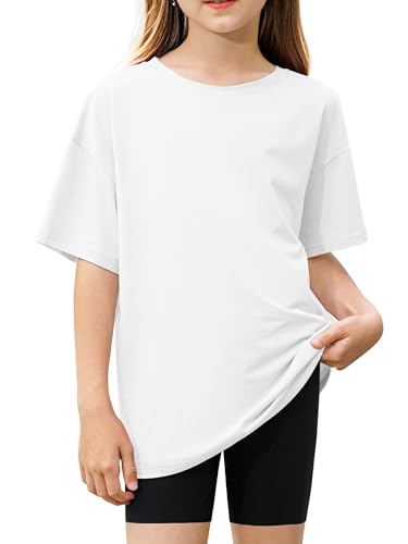 Vipanda Girls Shirts Cotton Short Sleeve Shirts for Girls T-Shirts Summer Oversized Clothes Tops Tees 5-14 Years Color A 9-10Y White