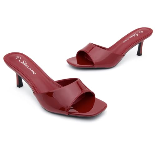 Image of Shoe Land Women's Low Heels Stiletto Heeled Slides, Open Toe One Band Slip-On Heeled Mules - Dressy Heeled Sandals for Prom, Party Wedding and Vacation