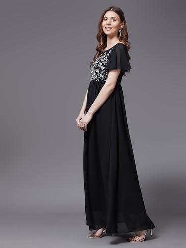 Image of Miss Chase Women's Round Neck Sleeve Embellished Fit Flare Maxi Dress