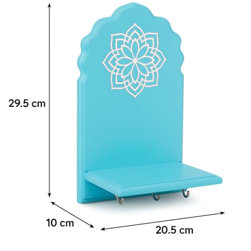 Image of Globally Indian Engineered Wood Keys Holder for Wall with Shelf |Mandala Design Key Stand Organizer for Home Entrance |Decorative Key Hanger for Wall, Entryway, Living Room |Floating Wall Shelf (Blue)