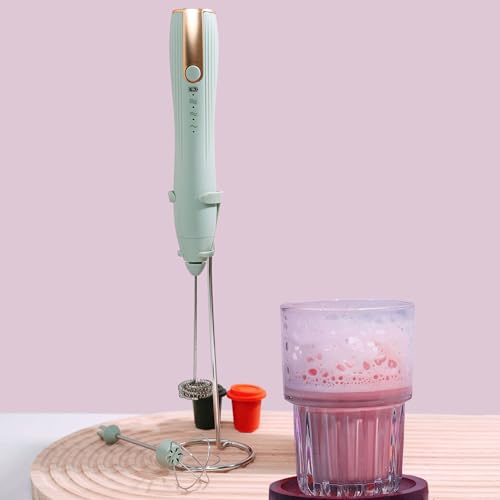 Image of Rechargeable Handheld Milk Frother Wand with Stand | Foam Maker, 2 Detachable Whisk Drink Mixer, Frother Wand with 3 Speed for Coffee, Matcha, Latte,Egg, (Green)