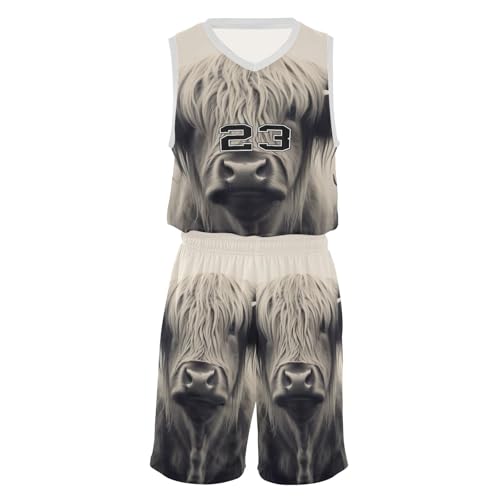FLildon Highland Cow Boys Basketball Jersey Set Tank Top Shorts Tracksuit Sport Training Suit for Kids, S