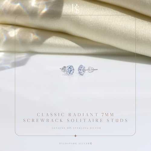 HIGHSPARK 925 Silver Solitaire Screwback Stud Earrings | 92.5 Sterling Silver & Round Brilliant Cubic Zirconia Tops for Men Women