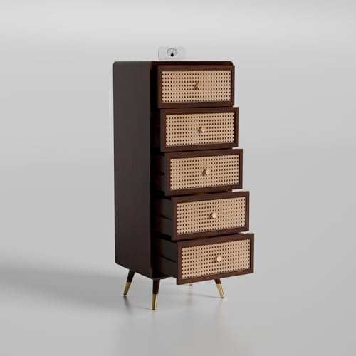 Image of Solid Sheesham Wood Chest of 5 Drawers | Multipurpose Console Dresser with 5-Compartment Storage Cabinet with Rattan Cane Design for Bedroom, Living Room & Office | Walnut Finish