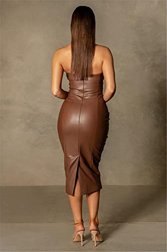 XLLAIS Women Sexy Strapless Tube Top Club Midi Dress Off Shoulder Bodycon Party Faux Leather Dress3