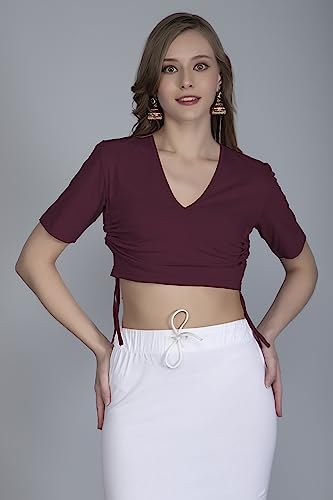 Image of THE BLAZZE B4048 Women's Cotton Plunge V Neck Half Sleeves Adjustable Drawstring Crop Top Readymade Saree Blouse for Women