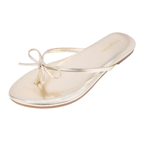 mazeskin Womens Bow Flip Flips Memory Foam Vegan Leather Summer Cute Thong Flat Sandals for Beach Dressy Slides Shoes Gold US8