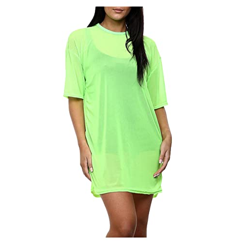 Kurzärmeliges kurzes Damenkleid aus durchsichtigem Netzstoff, Strandkleid, sexy Partykleidung, Tunika-Kleid, neon green, 42/44
