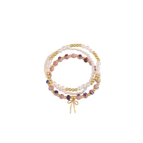 ChungLong0593 Cute Bow Charm Stackable Beaded Bracelet Set - Layer Pearl & Crystal Stretch Bracelets for Women, Sweet Multi-strand Boho Bracelet Jewelry (Mix bead)