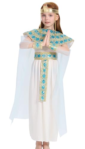 IKALI Mädchen Kleopatra Kostüm Kinder Ägyptische Königin Verkleidung Antike Pharaonin Kleid Set für Karneval Fasching 4-12 Jahre