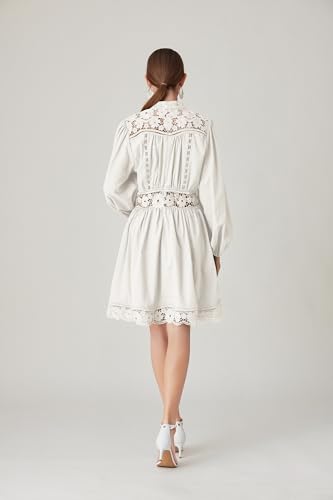 Image of LAI MENG FIVE CATS Women's V-Neck Elegant Lace Long Sleeve Lantern Sleeve Button up Casual Mini Dress