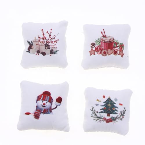 Gxsterd 4PCS Miniature Dollhouse Christmas Pillow with Christmas Tree Snowman Cookies Candles Pattern 1/12 Miniature Sofa Throw Pillow for Dollhouse Sofa Bed Decorations