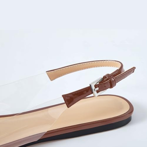 Women's Fashion Pointed Toe Heart Transparent PVC Slingback Flat Shoes Comfort Slip On Cap Toe Clear Ballet Flats Work Wedding Dress Flat Shoes for Women Brown Size 74