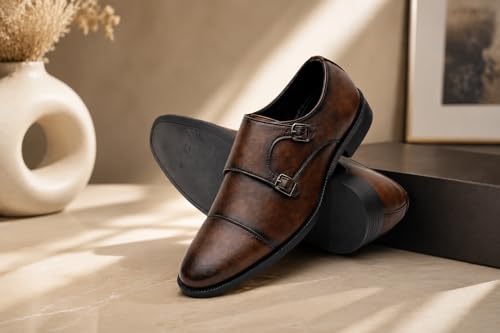 Image of Men's Double Monk Strap Formal Shoes | Cap Toe Design, Polished Upper, Soft Cushioned Insole, TPR Outsole, Slip-On Formal Shoe for Men Office Dress, Party & Wedding Footwear