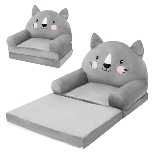 harupink Sofá infantil plegable 2 en 1 para niños, sillón infantil con función de dormir, suave y resistente, silla convertible en sofá de juegos, sillón infantil a partir de 1 años (gato gris)