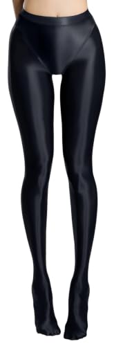 Image of FEOYA Women's Open Crotch Oil Shiny Pantyhose High Waist Control Top Silky Oily Crotchless Footed Tights Stockings