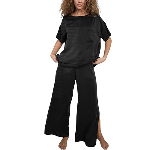 Lunya Washable Silk Tee Pant Set for Women - Oversized Top with Pocket and Pull On Pants - Cooling Mulberry Silk Loungewear - Immersed Black - XS