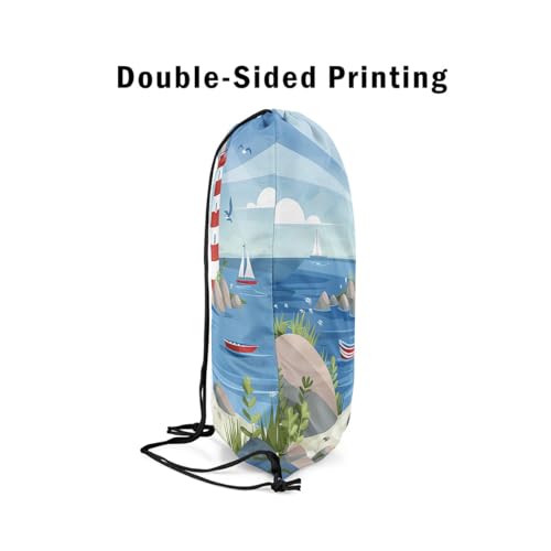 Erosebridal Tower Drawstring Backpack 13x15.7, Stones Boats Seaside Drawstring Bags For Sport Gym, Seagull Birds Foldable Draw String Back Bag, Red Blue Leaves Printed Clouds String Backpack4