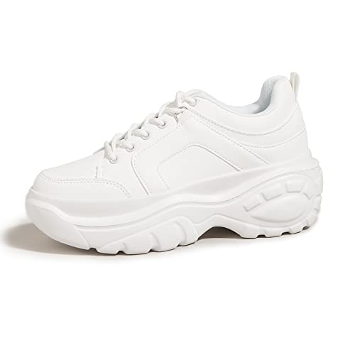 LUCKY STEP Women Chunky Platform Dad Colorblock White Neon Green Fuchsia Hologram Silver Casual Lace-Up Walking Sneakers