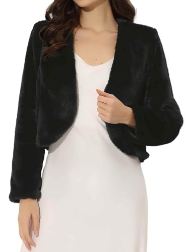 Allegra K Cropped Jacket for Women's Faux Fur with Pockets Long Sleeve Open Front Wedding Bolero Gowns Coat